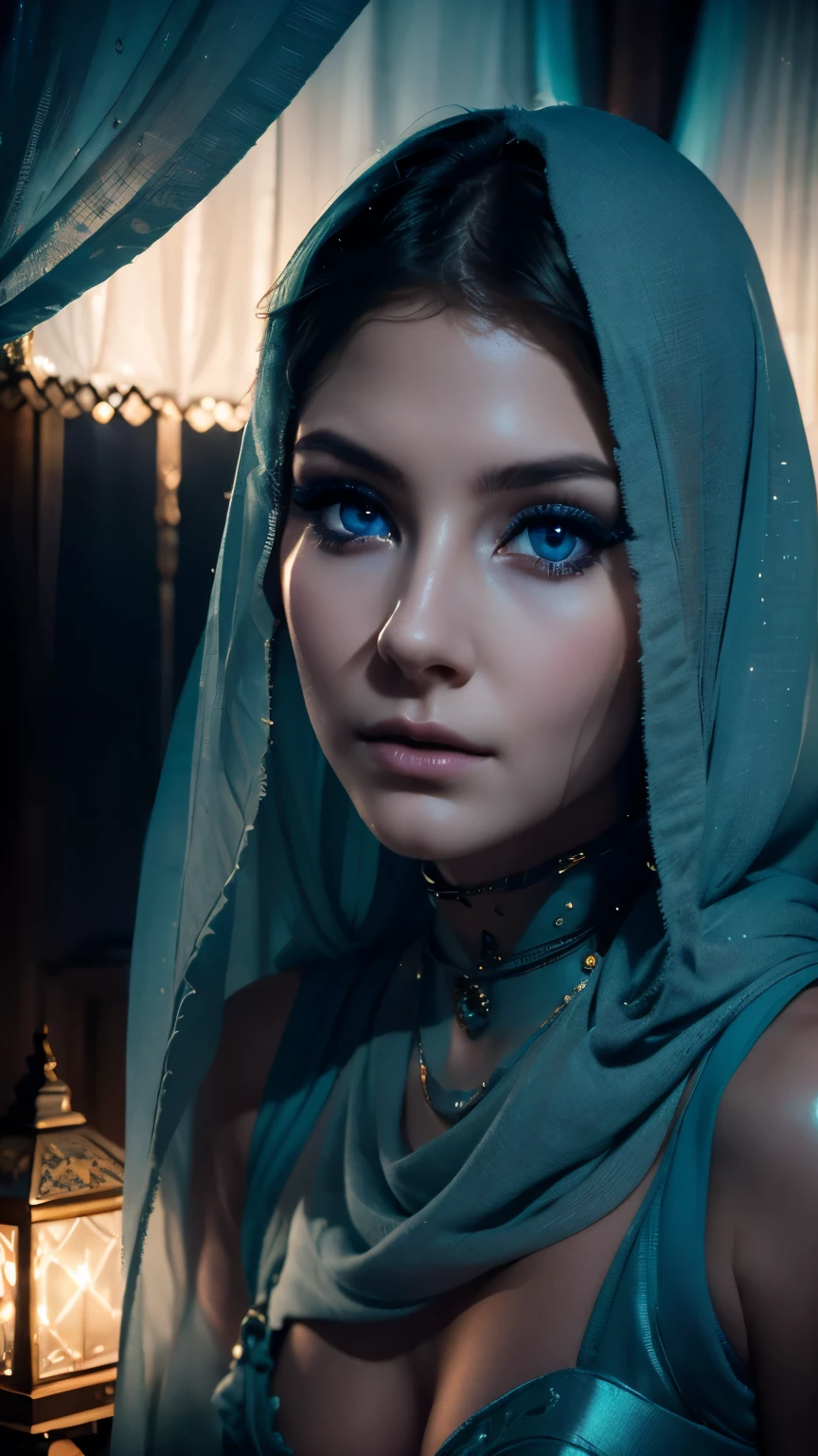 Chani,a beautiful young woman with piercing blue eyes, delicate facial features, full lips, high cheekbones, long eyelashes, inside a dimly lit still_tent:1.5, a sense of mystery and anticipation, cinematic lighting, muted color palette, highly detailed, photorealistic, concept art style