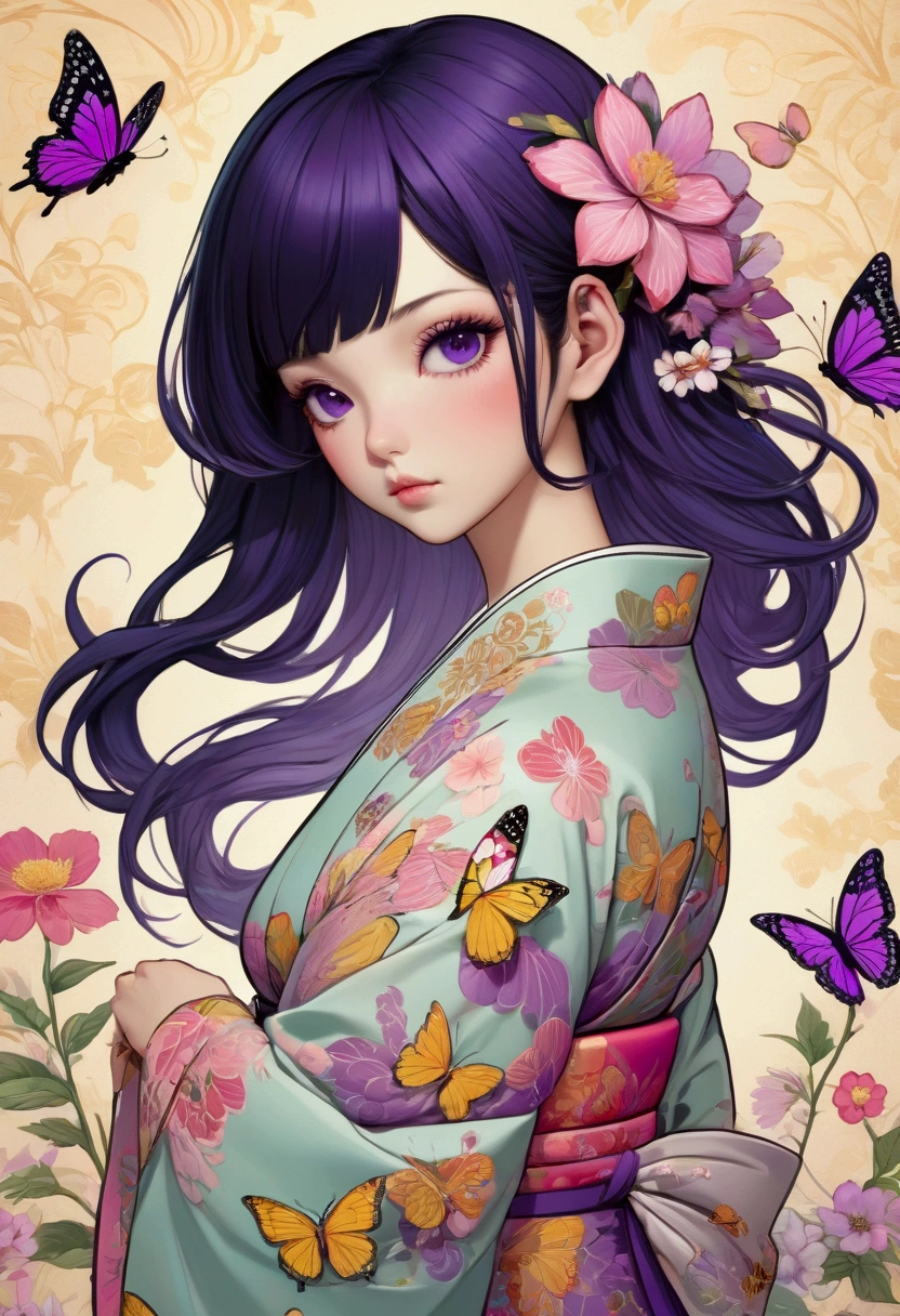 A mesmerizing surreal illustration of a young japanese woman resembling Shinobu Kouchou. She has black hair, purple eyes, a butterfly hair ornament, and wears a vibrant pastel colored outfit adorned with intricate floral patterns. She has a smooth, warm complexion, and bold, colorful tattoos cover her arms and legs. The tattoos feature traditional Japanese motifs like flowers and mythical creatures, rendered with meticulous detail in a pastel color palette. The background is a vintage floral-patterned wallpaper that complements the artwork's colors. The line work is precise, with delicate shading that gives the illustration a 3D quality. The artwork fuses modern illustration techniques with traditional Japanese aesthetics, resulting in a visually striking, portrait, Shinobu_Kocho, butterfly_hairpiece, multicolored_hair, purple_hair, black_hair, big breasts, slender, arms behind back, white panties, cleavage, 
