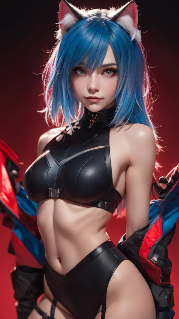 1girl, cat ears, fluff, simple background, cowboy shot, beautiful body, blue hair, (red theme), (gold:0.9), (master part, extremely high quality:1.18), CG, 8k, extreme quality, StyleBuff