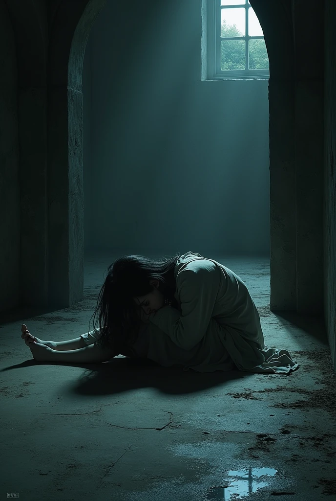 Shadow of a woman sitting against a wall in a dark place