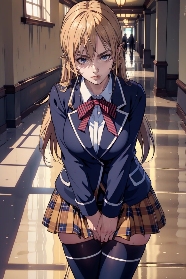 8K, masterpiece、cowboy shot, Highly detailed background, high resolution, (aaerina, long hair, long shinny hair, red bow, striped bow, blazer, blue jacket, long sleeves, plaid skirt, brown skirt, black thighhighs), big breast,thighs, shiny skin, body covered in sweat, embarrassed, blushing, worried face, BREAK, hands between legs, Cover crotch well, knees together and feet apart:2), (hand between legs, leaning forward:1.3), (shadow face, desperate, anxiety, sigh, blushing all over the face, embarrassing, Away:1.5), BREAK, ((( wet between the legs))), the mouth is slightly open, in a school hallway during the day, puddle of yellow water on the floor, on the floor, sunlight coming through the hallway, sweaty face.