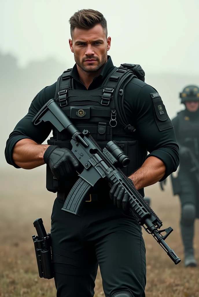 A very handsome big muscular man wearing a Navy Seal black underwater tactical uniform, with tactical gloves and a leg holster for his Colt 1991 .45 caliber handgun, rolled up sleeves, showing biceps, holding an MP5-N submachine gun, background a battlefield, dynamic pose, alpha male, Chad, huge bulge in trousers caused by his gigantic dick