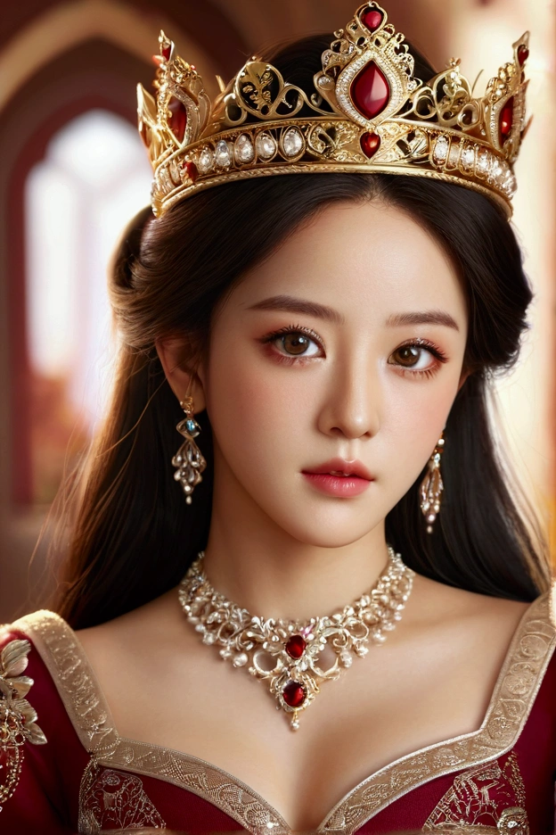 a beautiful young woman, kim jisoo, realistic portrait, heart shaped lips, beautiful detailed eyes, beautiful detailed lips, extremely detailed face, long eyelashes, elegant expression, flawless skin, intricate jewelry, heart-shaped crown, soft lighting, warm color palette, photorealistic, 8k, highly detailed, digital art, portrait, fantasy, elegant