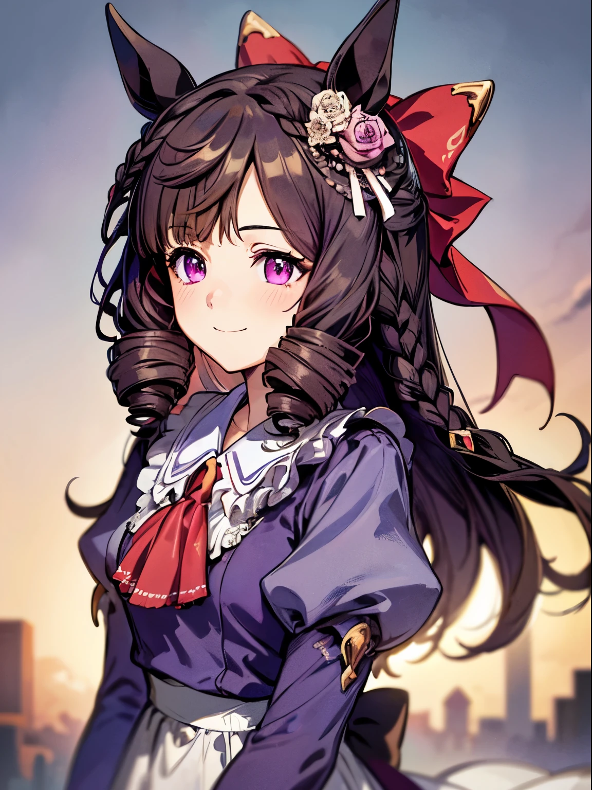 1 girl, Solo, Cute Girl,Best Quality, Ultra-detailed, 8K, High resolution, detailed face, madeon, horse ears, smile, gentle smile, happy, purple dress, puffy sleeves, long sleeves, ascot, depth of field,