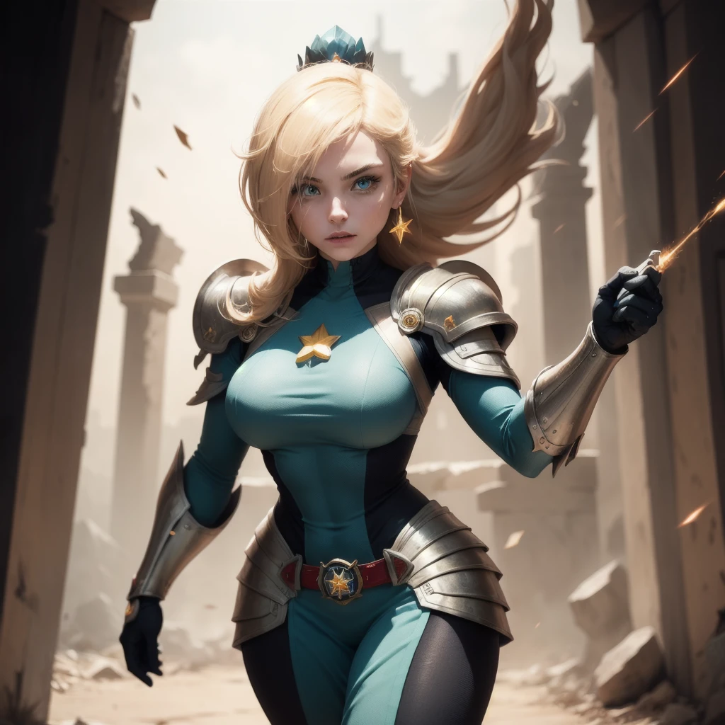 Rosalina as a heroic figure, blending elements of Captain America's patriotism with Wonder Woman's iconic warrior style. She wears a form-fitting, armored suit with a deep blue torso and red accents, featuring a bright, silver star emblazoned across her chest, symbolizing hope and resilience. The armor is sleek yet battle-ready, with metallic gauntlets and knee-high, crimson boots, designed with intricate engravings that reflect her royal heritage. Her belt has a golden lasso coiled at her side, glowing faintly with magical energy. Over her shoulders, she wears a flowing cape with a pattern resembling the American flag, stars shining on a dark blue background that fades into red and white stripes. The cape moves gently as if alive, subtly rippling with power.

Her shield, adorned with a star in the center, is slung over her back, gleaming in the ambient light. It's etched with ancient symbols, hinting at the blend of technology and magic she commands. In her right hand, she wields a large, mystical scepter that crackles with energy, glowing with starlight, symbolizing her cosmic powers. Rosalina’s face is fierce and determined, her piercing blue eyes reflecting a deep sense of justice and compassion. Her long, blonde hair flows freely behind her, blending with the celestial hues of her cape, giving her a regal and powerful presence.

She stands tall in a battle-worn environment, the ruins of a futuristic city around her. Sparks fly from damaged machinery, and the sky is lit with the glow of distant battles. The lighting highlights the reflective surfaces of her armor, casting a golden glow over her figure, emphasizing her strength and grace. Her confident stance and heroic aura dominate the scene, showing her as a protector and leader.

The image is in 8k resolution, with masterpiece quality and ultrasharp details. The textures of the armor, the fabric of the cape, and the ethereal glow of her scepter are vividly rendered, creating a dynamic and visually stunning po