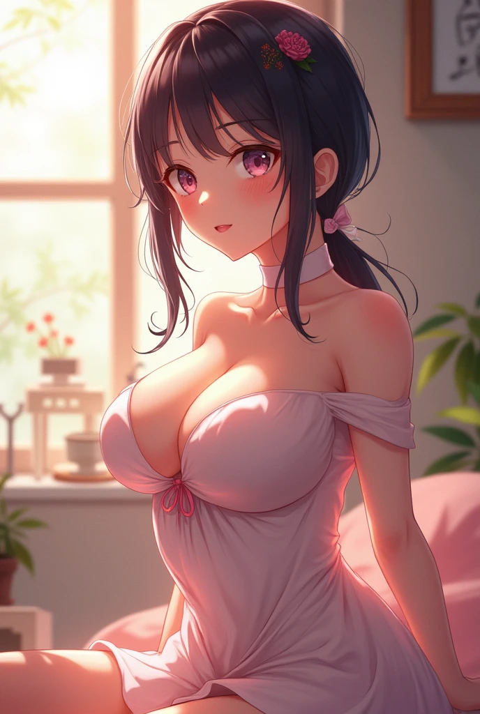 a girl, 19y.o., big eyes, (insanely detailed eyes:1.2),
(spread breasts:1.2), (plunging neckline:1.2), (collarbone, cleavage:1.2), (naked aprons:1.2), smile,
(Sparkling lighting:1.1), (upper body view:1.5), (from above:1.8), (close up:1.4), sit on the bed,
best quality, (Shallow depth of field:1.3), insanely detailed illustration, look at the viewer,