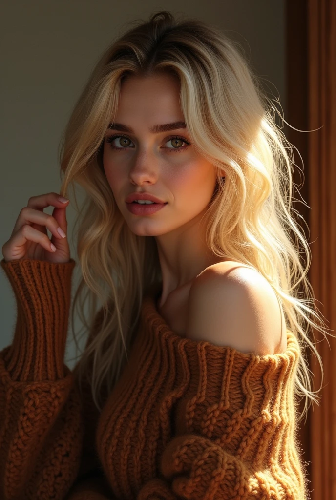 (masterpiece, photorealistic:1.4, extremely intricate:1.3), (photon mapping, radiosity, physically based rendering, ultra resolution, hyper-realistic, photorealistic:1.4, hyper-realistic, 8K), ((((closeup breasts, [medium breasts:large breasts:0.3], closeup portrait, (cheekbones, 18years)), long straight [bright blonde hair:pink hair:0.6]), [makeup:natural:0.6], long eyelashes, thick lashes, white jumper), leaning forward, blue eyes, looking away), smile. laugh, from below:0.8