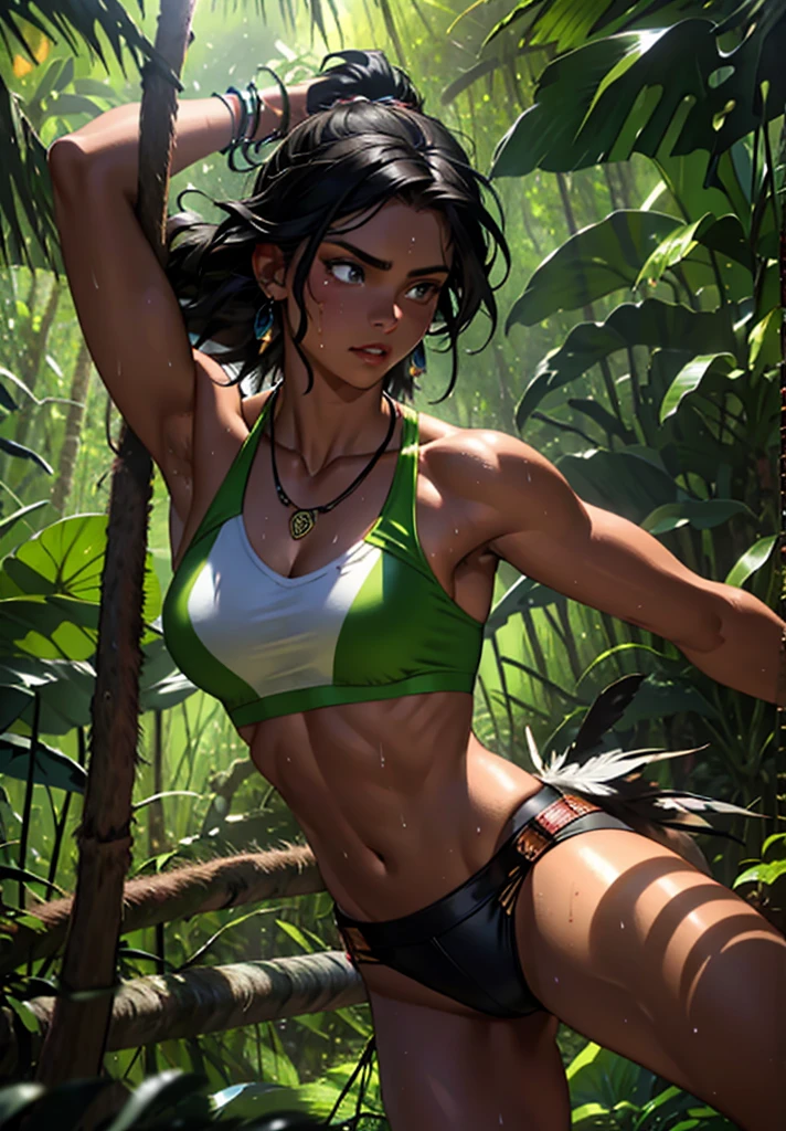 (highest quality,4K,8k,High resolution,masterpiece:1.2),Very detailed,(Realistic,photoRealistic,photo-Realistic:1.37),One Woman, Leona Heidern, Leona MS,Blue Hair, blue eyes, ponytail, Muscular and healthy body,
Armpit details,Beautifully detailed sweat glands,Smooth skin texture,Carefully drawn,
Green shorts, Cleavage,On the stomach, Crop top, Black gloves, uniform, Green jacket, Yellow Tank Top,(humidity:1.3), Beautiful Eyes, (Attractive face:1.2), (Beautiful Skin),(Big Breasts),(Large areola),(Abdominal muscles),((Sticky with sweat)),In a dynamic pose,
king of fighters,Outdoor,Dense forest