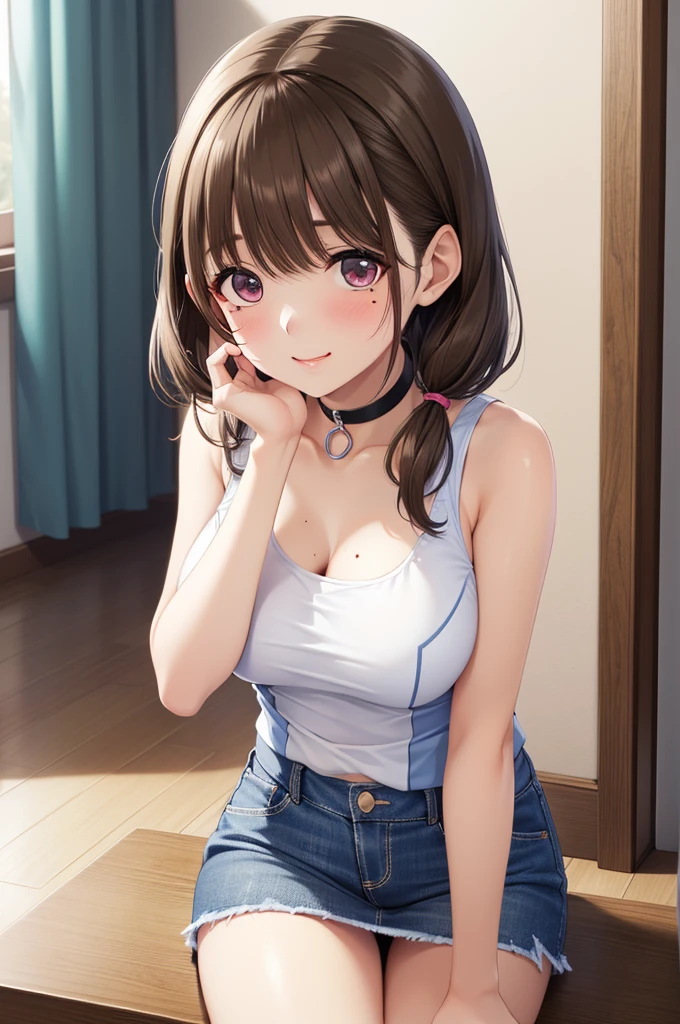 anegasaki nene、Shiny brown hair, short hair, (Beautiful brown eyes、Sparkling eyes, Fine grain)、smile、Ultra-detailed eyes、Highly detailed face, Highly detailed eyes,Cowboy Shot、


(8k, RAW Photos, 1 girl, masterpiece, Highest quality, Advanced Details, High resolution, expensive resolution, High resolution, 4K, 8k, uniform 8k wallpaper, Advanced Details CG, masterpiece, 2D, 3d, Beautiful details, depth, Fine texture, Highest quality: 1.3, perfectly concentrated, Crispy. skin,
 Very cute anime girl, Short Twin Tails, Idol, Tank tops, Denim mini skirt, Short Twin Tails wearing expensive, Mole under eye, ["Gazing at the viewer, expensive, blush, Mole, I parted my lips, Pink Eyes, Heart-shaped choker, smile