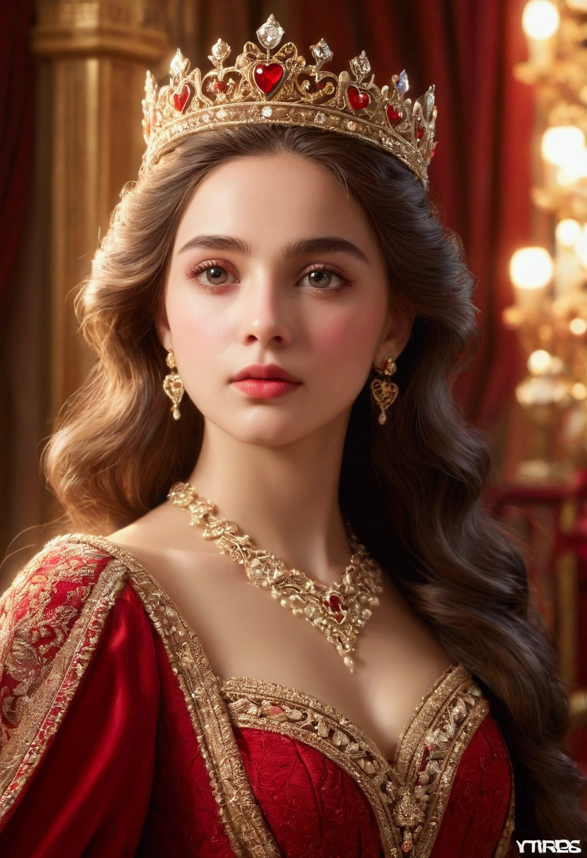 realistic girl, 1 girl, intricate detailed face, beautiful detailed eyes, beautiful detailed lips, extremely detailed eyes and face, long eyelashes, ornate crown, heart shaped crown, regal pose, royal gown, red dress, elegant, refined, dignified, majestic, cinematic lighting, dramatic lighting, warm color palette, rich colors, photorealistic, 8k, masterpiece, hyper detailed, sharp focus, studio lighting