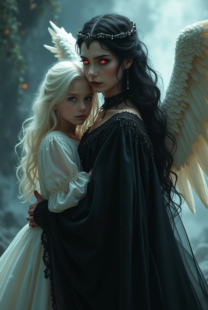 A child girl with black eyes and short black hair, with wolf ears and wolf tail, in a white dress, this woman is holding the child, with a tall woman, with white hair, with golden yellow eyes, 3 basics, and a black dress.