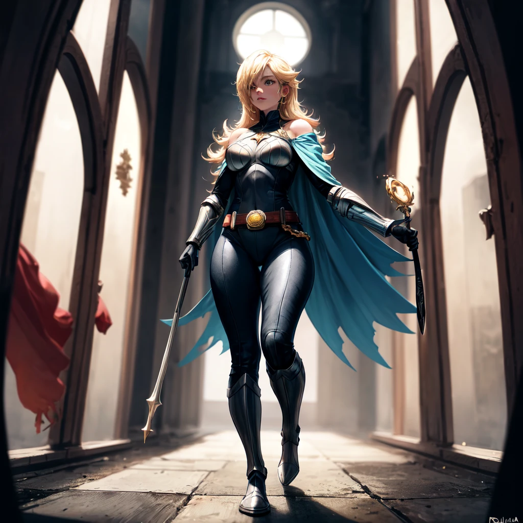 Rosalina as a heroic figure, blending elements of Captain America's patriotism with Wonder Woman's iconic warrior style. She wears a form-fitting, armored suit with a deep blue torso and red accents, featuring a bright, silver star emblazoned across her chest, symbolizing hope and resilience. The armor is sleek yet battle-ready, with metallic gauntlets and knee-high, crimson boots, designed with intricate engravings that reflect her royal heritage. Her belt has a golden lasso coiled at her side, glowing faintly with magical energy. Over her shoulders, she wears a flowing cape with a pattern resembling the American flag, stars shining on a dark blue background that fades into red and white stripes. The cape moves gently as if alive, subtly rippling with power.

Her shield, adorned with a star in the center, is slung over her back, gleaming in the ambient light. It's etched with ancient symbols, hinting at the blend of technology and magic she commands. In her right hand, she wields a large, mystical scepter that crackles with energy, glowing with starlight, symbolizing her cosmic powers. Rosalina’s face is fierce and determined, her piercing blue eyes reflecting a deep sense of justice and compassion. Her long, blonde hair flows freely behind her, blending with the celestial hues of her cape, giving her a regal and powerful presence.

She stands tall in a battle-worn environment, the ruins of a futuristic city around her. Sparks fly from damaged machinery, and the sky is lit with the glow of distant battles. The lighting highlights the reflective surfaces of her armor, casting a golden glow over her figure, emphasizing her strength and grace. Her confident stance and heroic aura dominate the scene, showing her as a protector and leader.

The image is in 8k resolution, with masterpiece quality and ultrasharp details. The textures of the armor, the fabric of the cape, and the ethereal glow of her scepter are vividly rendered, creating a dynamic and visually stunning po