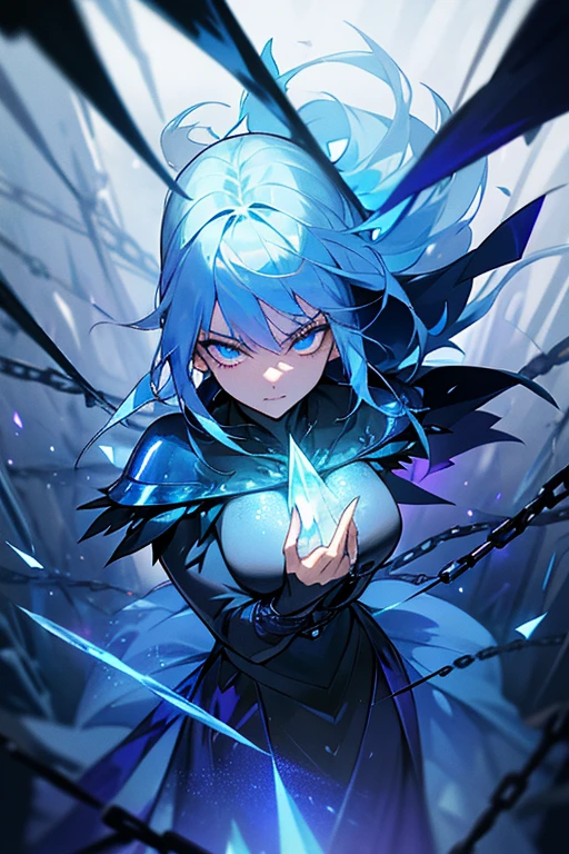 ((((Serene Expression)), (((Flattened Chest))) Adolescent, Female, (((Brown Skin)))), (((Long Dark Blue Hair with Unilateral Bang Covering One Eye))))), Light Blue Eyes, (((((((Black Battle Technical Costume Covered by a Dark Blue Cape)))))), The Clothes Are Mostly Black in Color, but with Blue and White Parts