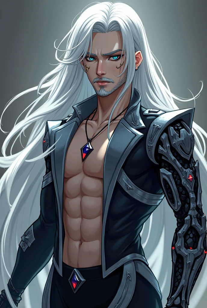 A woman with Nordic features with long black hair wearing a black mini skirt and an overcoat and with a futuristic pistol in each hand next to a muscular man with Nordic features two meters tall and blond hair, shirtless and with various animal tattoos scattered all over his body wearing black pants. --auto --s2