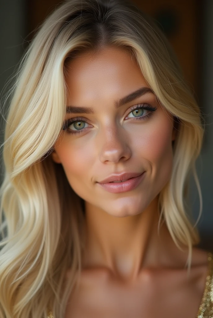 A detailed portrait of a beautiful young woman aged 20-25 with silky, platinum blonde hair framing her face. Her skin is flawless, with a natural glow and subtle makeup that enhances her striking green eyes and full, soft lips. She has an elegant and confident expression, with a slight, alluring smile. She’s wearing a stylish, form-fitting top that complements her features. The background is softly blurred in warm tones, ensuring all focus is on her captivating beauty