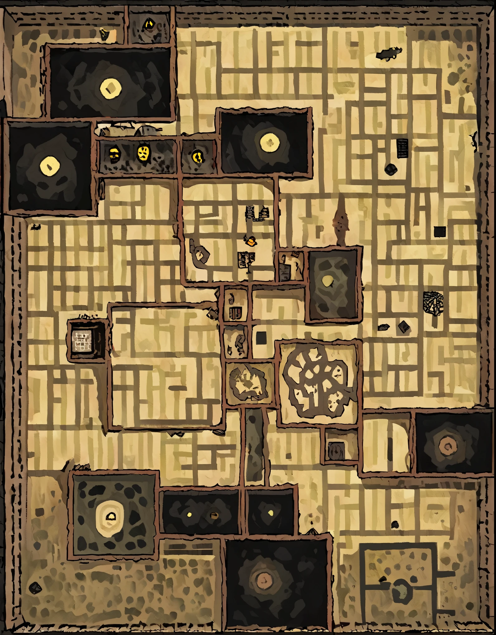 2D flat map, top-down view, bunker layout, minimal depth, no 3D elements, clear floor plan, simple shapes, flat design, Amnesia The Bunker map style, yellowed parchment texture, thick black outlines, hand-drawn style, rough sketchy lines, detailed only inside squares, no extra elements outside squares, black areas empty, functional map, survival horror, industrial feel, strategic layout, resource markers, old paper, labeled rooms, exploration-focused, dark post-apocalyptic atmosphere, flat, minimalist, clean lines, cold and eerie, no decoration outside square borders.
