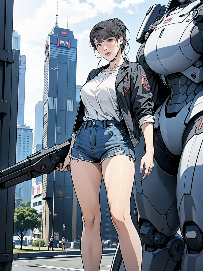 A high school girl wearing shorts and a jacket stands next to a giant robot, artwork in the style of Gwaiz, Cyberpunk Anime Girl Mecha, Trending on cgstation, Gwaiz, By Russell Dongjun Lu, Digital Cyberpunk Unearthed Art, Lostrun 8k, Gwaiz on artstation pixiv, Girl wearing mecha cyber armor