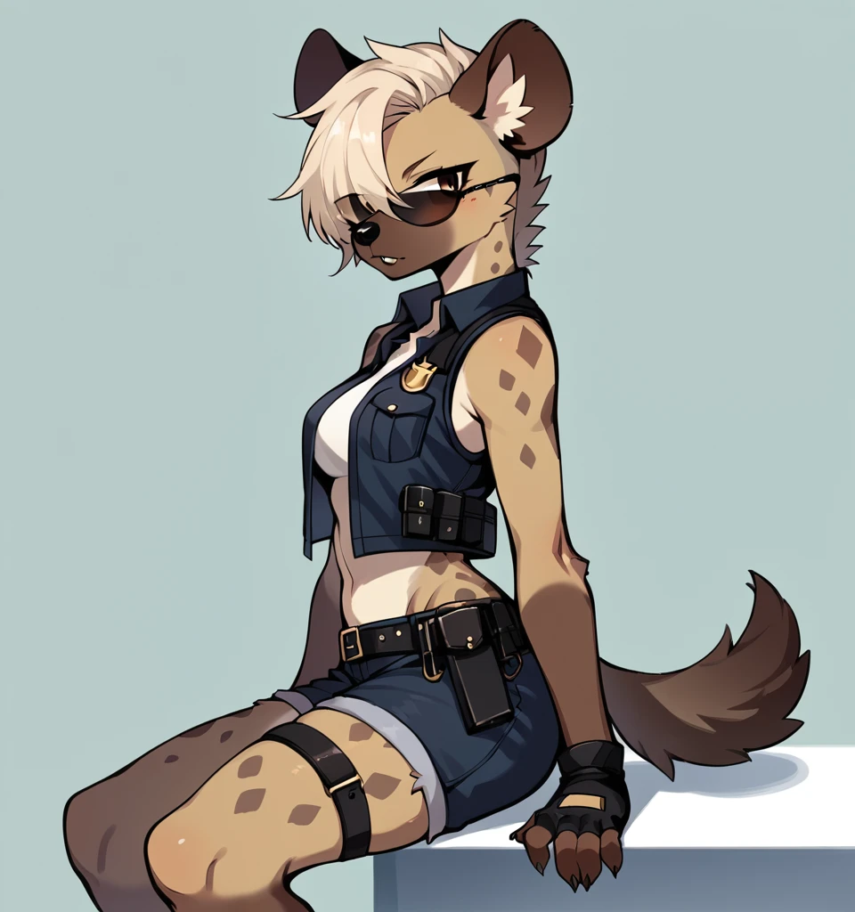 Solo, score_9,score_8_up,score_7_up, score_6_up, source_anime, kemono style, Trisha, female spotted hyena, brown eyes, brown snout, black nose, short spiked undercut platinum blonde hair, hyena tail, brown hyena ears, wearing black aviator sunglasses over eyes, wearing black bullet proof vest, blue skimpy sexy police uniform, side view, hand on her belt, leg holsters, fingerless gloves