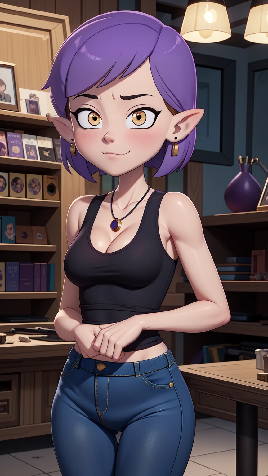 (masterpice, best quality), AmityBlight, short height, young, makeup, black earrings, yellow eyes, short hair, (purple hair:1.4), pointed ears, (((tank top))), small breasts, (((cleavage))),amulet, (((tight jeans))) , standing, looking at viewer, seductive smile, naughty face, nose blush