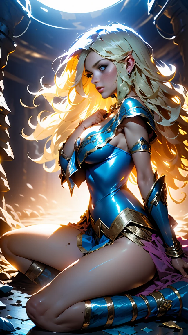 ((masterpiece, 8k, ultra quality, NSFW, full shot body, quality, official art, beautiful and aesthetic:1.2, blue theme), (1girl), (entire figure), (big breasts), golden armor, intricated detailed, (fractal art:1.3), cosmic elements, colorful, highest detailed, (green eyes, long wavy hair, blonde hair)