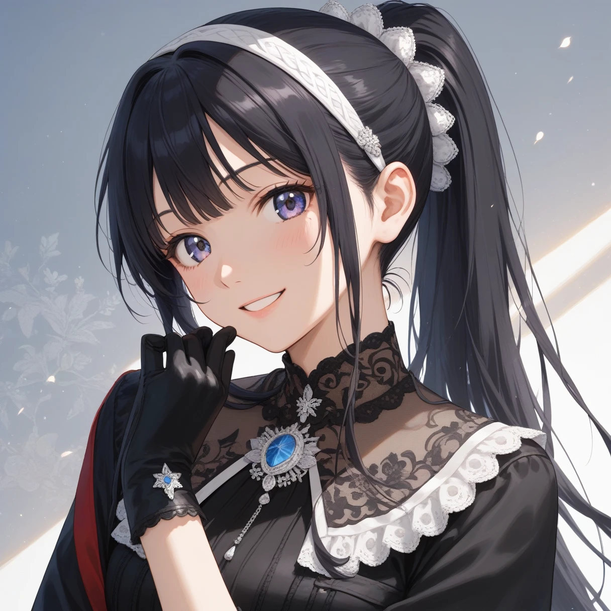 (masterpiece),(best quality),(ultra-detailed),(best illustration),(best shadow),(absurdres),(detailed background),(very aesthetic),  hiori kazano, black hair, ponytail, smile, 1girl, long hair, hairband, ponytail, gloves, bangs, idol, looking at viewer, from the front,  