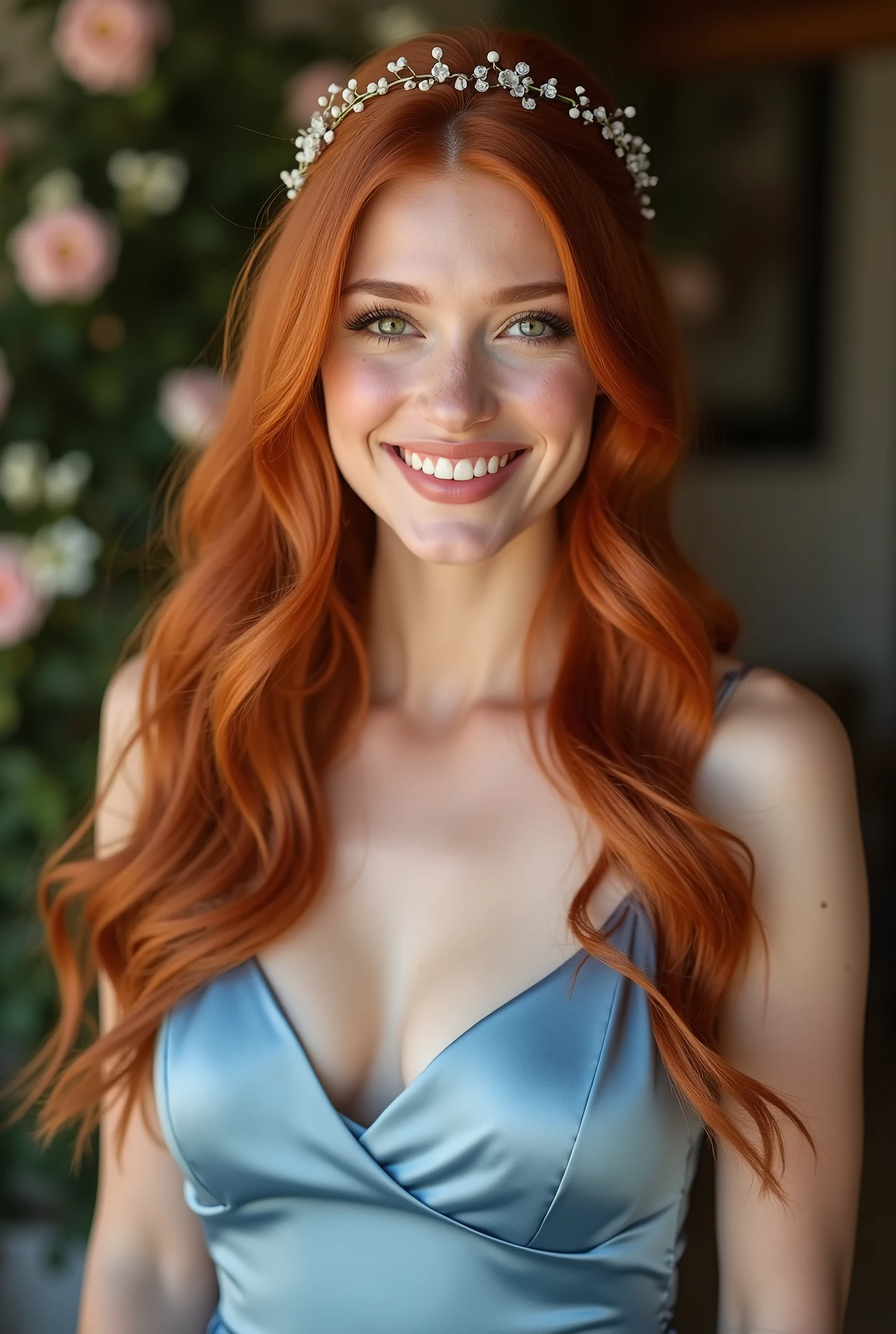 FACE SHOT OF BEAUTIFUL BOMBSHELL RED HAIR WOMAN, LONG RED HAIR, VERY PALE SKIN, TURCOISE BLUE EYES, EXPRESSIVE TURCOISE EYES, LOVELY FACE EXPRESSION, CLOSED MOUTH SMILE, GORGEOUS LIPS, ROSY CHEEKS, HIGH CHEEKBONES, MENTAL FORAMEN, VOLUMOUS BREASTS, STRAPLESS CLEAVAGE, PURPLE STRAPLESS DRESS, ATHLETIC CURVY BODY, FRONTAL ANGLE SHOT, BLACK BACKGROUND, DIFUSED LIGHTS, YELLOW BACK LIGHTS, MASTERPIECE