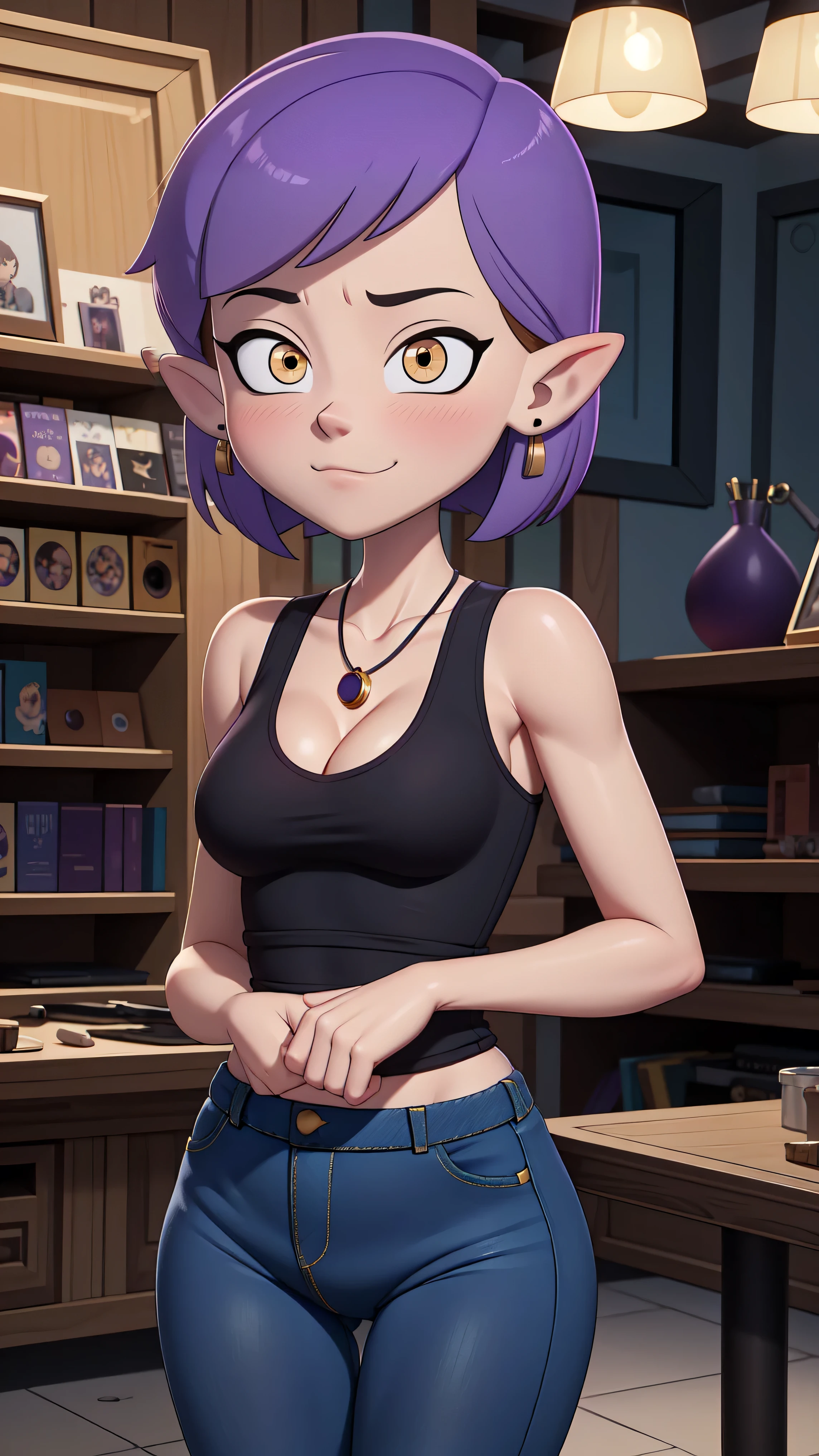 (masterpice, best quality), AmityBlight, short height, young, makeup, black earrings, yellow eyes, short hair, (purple hair:1.4), pointed ears, (((tank top))), small breasts, (((cleavage))),amulet, (((tight jeans))) , standing, looking at viewer, seductive smile, naughty face, nose blush