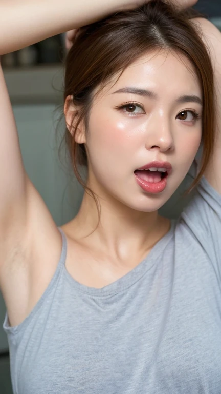 Ultra HD、Ultra-high resolution、8k、Japanese Housewife、In the kitchen)、Attention in the armpits、((Viewers:1.8))、(Extremely realistic skin texture:1.4)、(Realistic:1.3)、short hair、(smile:0.4)、(blonde:1.3)、40-year-old woman、Ponytail Hairstyles、(Raise one arm to reveal your armpit:1.3)、(Close-up of face:1.34)、(Sweat:1.4)、Nipples are erect,Sticking out tongue