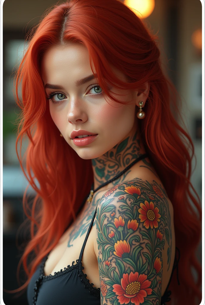 Style stickers, Stickers with white edges, beautiful shiny sticker, beautiful, tattoo vibe: My passion is on my skin. Imagine a scene of a beautiful young woman, 25 years old, Red hair,With light highlights, There are tattoos on the skin, Bright colors, Isometric background, Blurred background in tattoo studio, Pop Art Station, 8K, Resolution qlta masterpiece, Realistic Photography, author:Alphonse Mucha, From wlop,