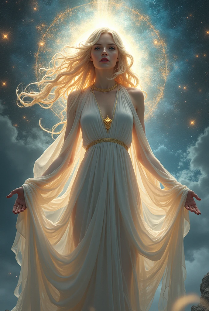 (masterpiece、Highest quality、High resolution、8k、16K)、((Alone in space、Beautiful Goddess、Standing posture、フローティング in the sky like a star))、(whole body)、Golden Cape、White long dress、Sleeveless、Gold bracelet、Blonde、Beautiful brown eyes、Elegant and refined face、Elegant operation、Professional Lighting、The universe is full of light、Countless stars and nebulae