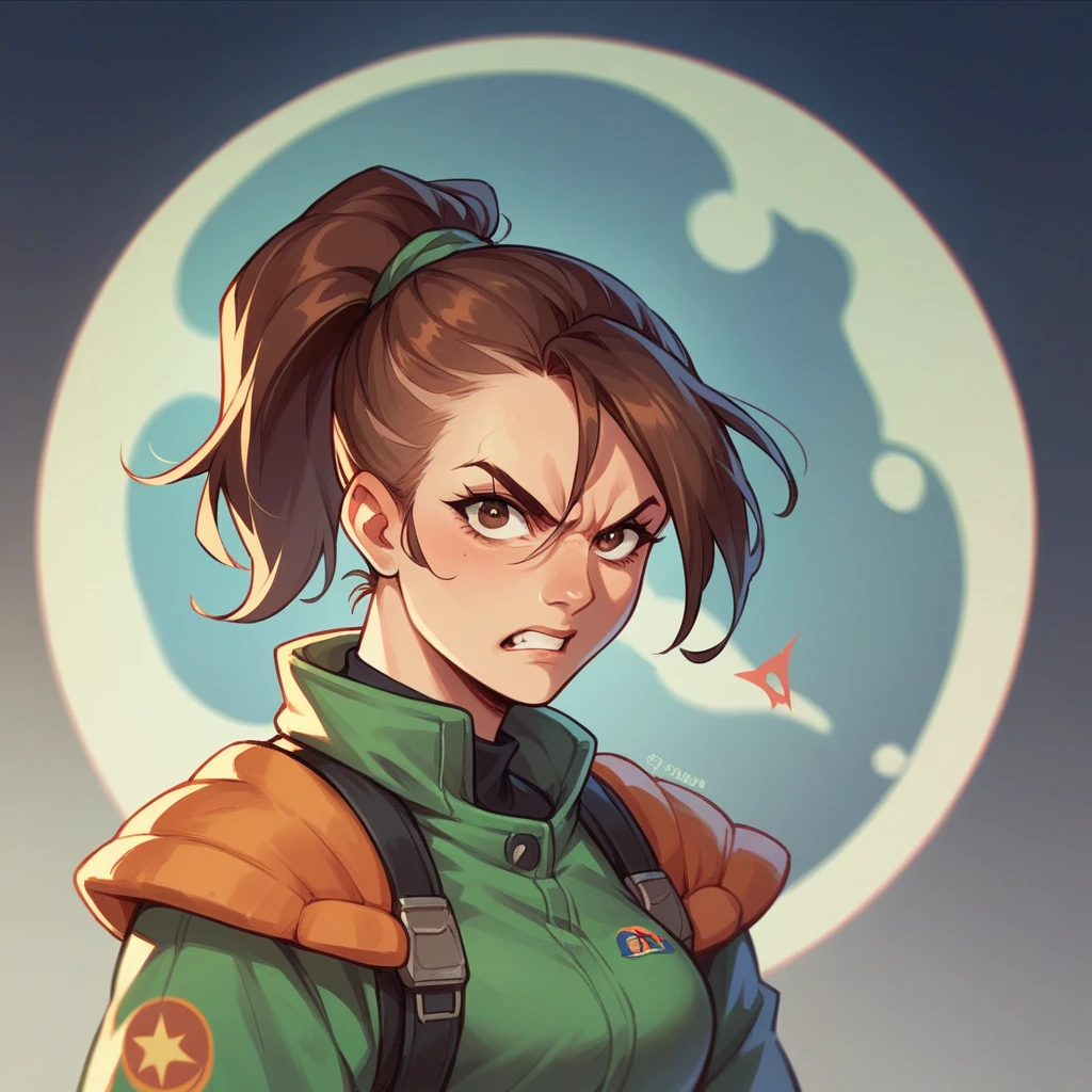 you are aboard a space station with a female in her late 30s. she is in a space crew outfit and looks very angry at you. she has brown hair in a ponytail and brown eyes.
