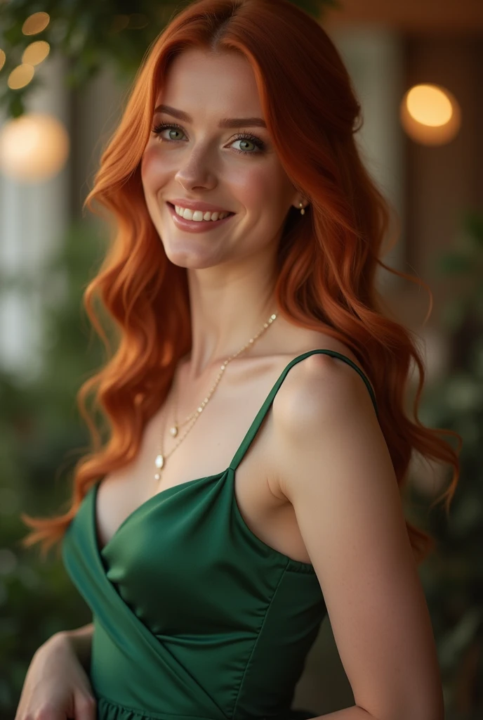 Realistic photo of the upper body of a smiling woman, Beautiful red-haired woman with long hair, She dances in front of the camera in a long A-line bridesmaid dress with straps made of shiny darkgreen satin., Park,glamour fotoshooting, Wedding celebration, perfect anatomy, perfect green eyes. Perfect hands with 5 fingers on each hand, Suitable woman , looking at the camera, 1 Frau. (Eye make up:1.1), (highly detailed skin:1.1), spirit, analog style, keen focus, 8K  UHD, dslr, good quality, Fujifilm XT3, Grain, Award-winning, ​masterpiece. Wedding celebration