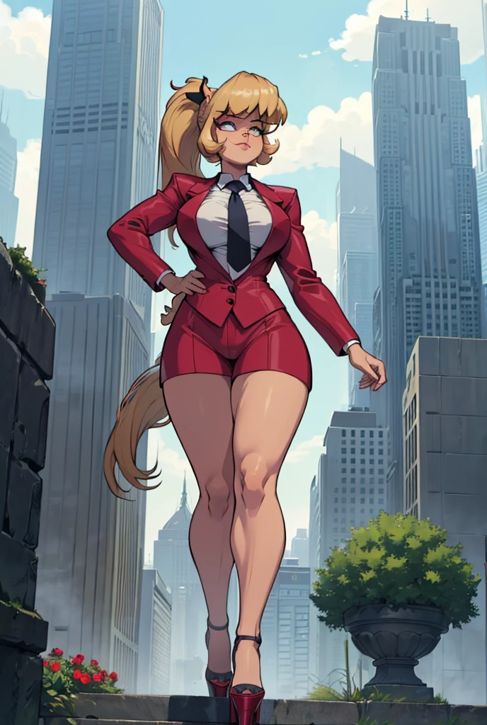  Young adult 1 trans mistress with a large penis out from her trousers , beautiful curves a massive curvy thighs blonde ponytail red lips wearing a perfect black suit and blazer with a ((massive thick and massive windosr knot crimson tie)) white shirt massive breasts. Platform high heels , large white tie, holding a boutique of flowers, colossal breasts. Platform high heels , standing, giantess art, tie bar, highly detailed giantess shots, giantess, most detailed, perfect face, Two legs, Five fingers, short hair, A girl who is bigger than a skyscraper, standing on very small city, skyscarpers at their feet, skyscrapers small, smile, huge breasts, major metropolis, numerous cities, , A very small big city, Miniature metropolis, Full body description, GTS, giga giantess, gigagts, stomping city, crash city, tiny city, micro city, , High resolution, highest quality, masterpiece,  tiny destroyed skyscrapers city, illustration, skyscrapers size of small toys standing behind and very far away from city, (masterpiece, best quality, best shadows, best shading, perfect hands, perfect face, cinematic lighting, colorful, ultra-detailed, beautiful photography, character focus, extremely-detailed, photorealistic, hyper photorealism, atmospheric), ), (giantess, stereotypical office boss), (dirty, filthy, unwashed, sweaty, unkempt, happy, tired, exhausted, annoyed), ((walking, mid stride:1.2, stepping down on:1.2, stomping, crush, rampage)), (black patent Louboutin rounded toe pumps, high heels, platform heels), ((,)), ((long ponytail hair with front bangs)), (high altitude photography, satellite view), (curvy, , heaving bosom, legs), (mega city, urban sprawl, and small towns, buildings, roads), (((cloudy, overcast, clouds and atmosphere partly obscuring the subject:1.2, hazy atmosphere, haze in foreground, wispy clouds)))