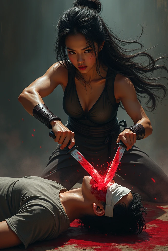 a large breasted girl is fighting with a sword against a knight, pale skin, taiwandolllikeness, taiwan, long hair, bangs, sagging breast, bikini