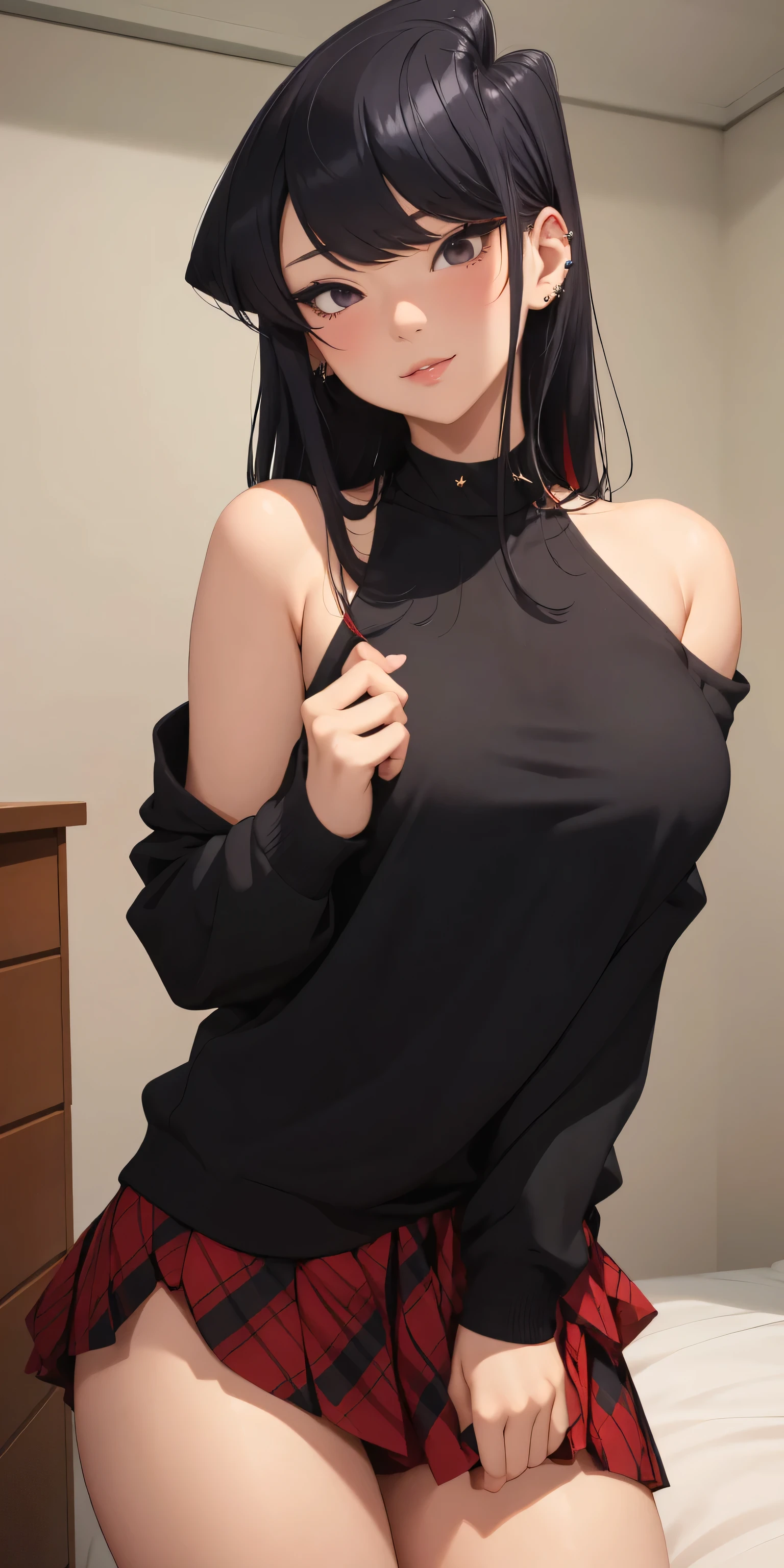 masterpiece, (top-quality), 1womanl, ,Hamaoka_azusa, purple color hair, a purple eye,Medium Hair,Female sexy, 鎖骨,top-quality,Sweaters,bare shoulders, vivd colour, natural soft light,nffsw,, Beautiful fece, (详细的脸:1.2), showcase, (perfect eyes:1.1) ,(Photorealsitic:1.1), 8K , looking at the viewers, simple background、Beautiful legs、Invite men,A MILF,Sitting on the bed and legs open、Open mouth、Wet lips、Teary-eyed、Crying face、doorway,(steam,Sweat,Lower grade)