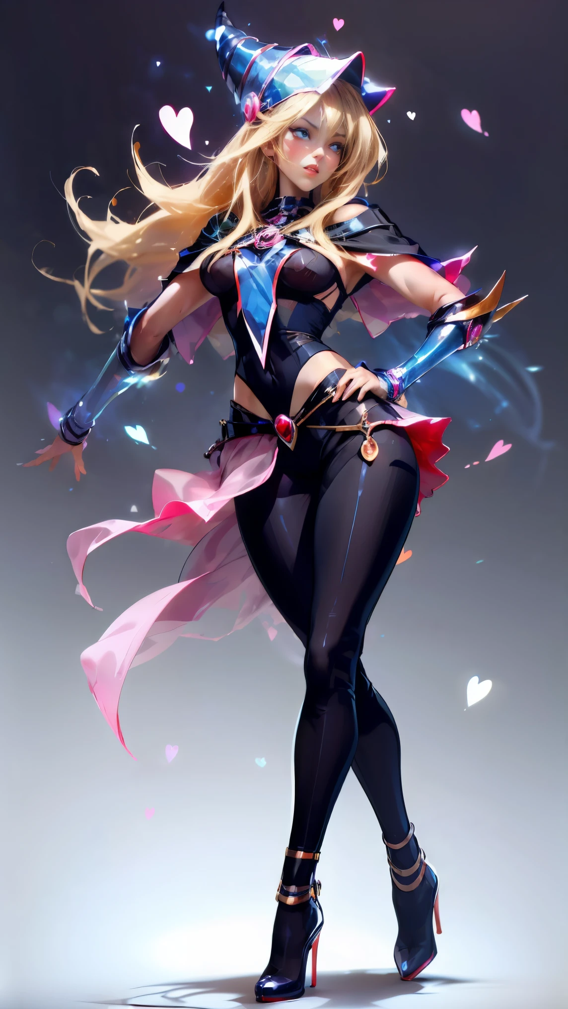dark magician gils, with high-heels. Pants, translucent and transparent clothing. Breasts visible through clothing. If he marks her thong. sexy, Subjective and sensual pose. magic background. Magical heart in the air. magic circle