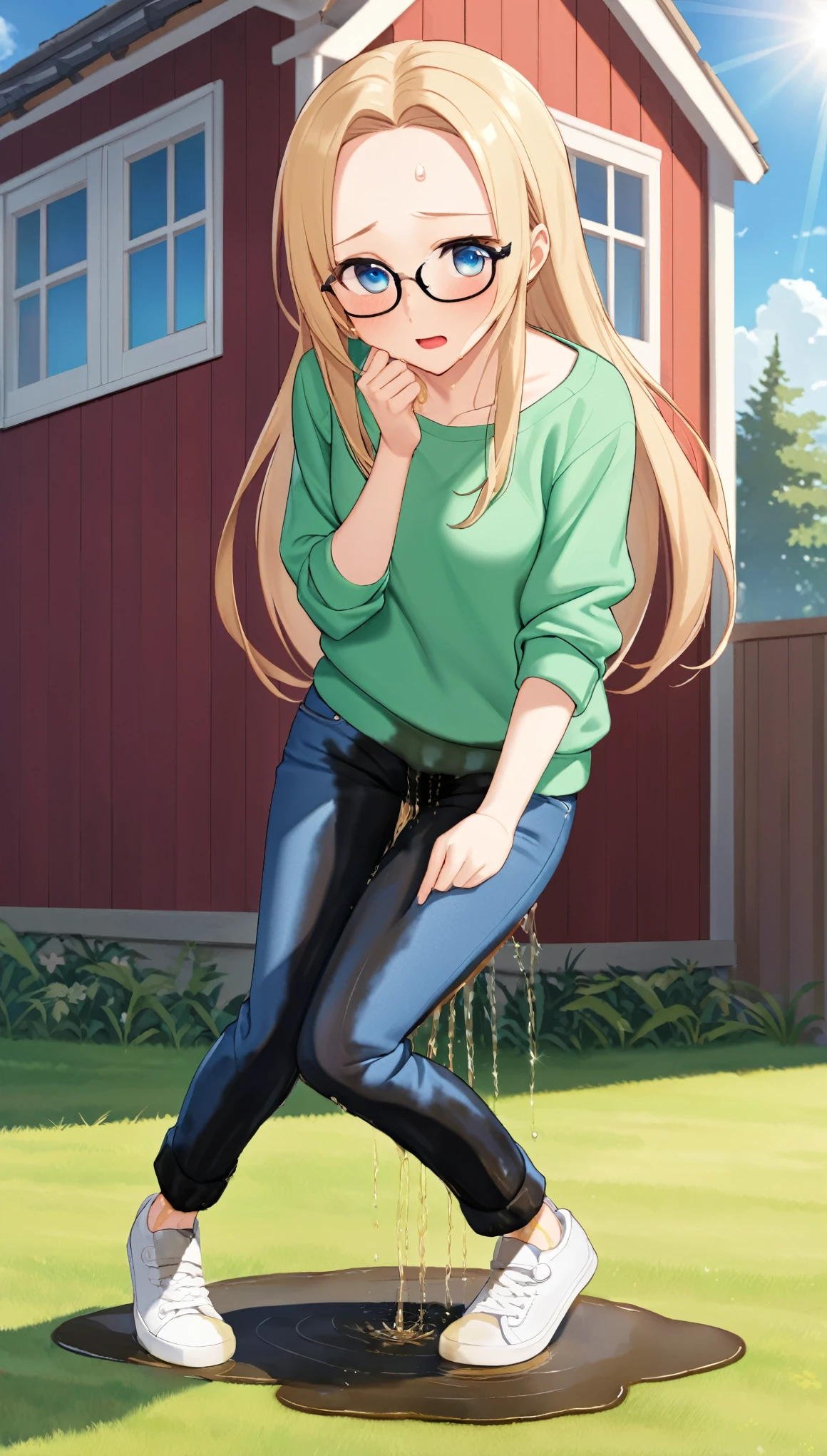 best quality, highres, 8k, masterpiece, immersive atmosphere, chiaroscuro:(1.5, bright light:1.2, luminous lighting), blurring, (background blur:1.5),
(dynamic angle, standing), park, pond, (legs focus, full body:1.5), delicate features, (beautiful face, beautiful eyes, beautiful legs), not safe for work, (opaque:1.5), high contrast, (wetting herself:1.5), (desperation:1.5), huge pee stain,
1girl, (25 years old:1.5), white skin, blue eyes, (reading glasses:1.2), blonde hair, straight hair, long hair, (forehead:1.2), bright lips, blush, scared, panicking, open mouth, looking at viewer, (slender figure:1.1), (green sweater:1.2), large breast, hard nipples, (hands between legs:1.4), (jeans pants:1.4, blue jeans:1.4, skinny jeans:1.2), (white sneakers:1.2), (knees together feet apart:1.4)