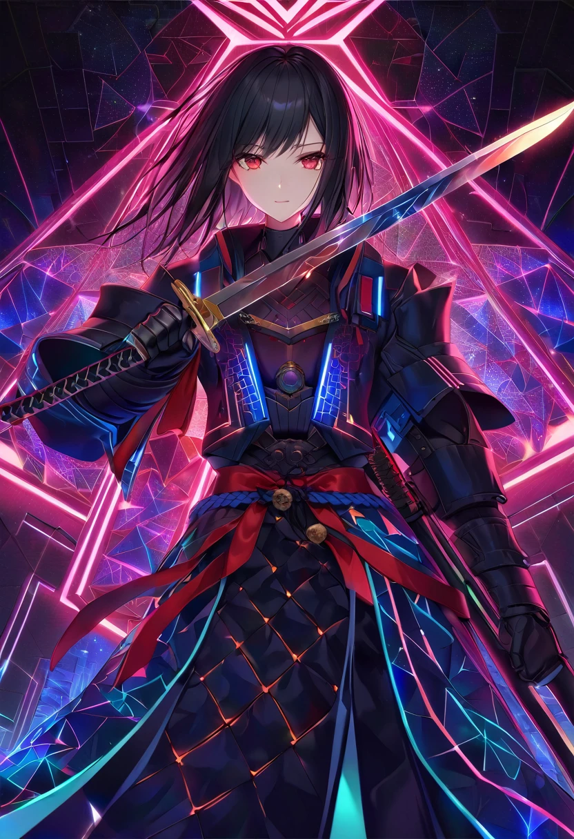 A beautiful  ((slender)) cyberpunk female ((Japanese)) samurai ((black hair)) is facing the viewer and wearing neon kimono and armor wielding a single glittering katana in a defensive guard position while the background is aglow with intricate blue and red geometries showing tessellation of fractal patterns beneath a gleaming field of a computerized artificial obsidian nightscape illuminated by beautiful geometry.