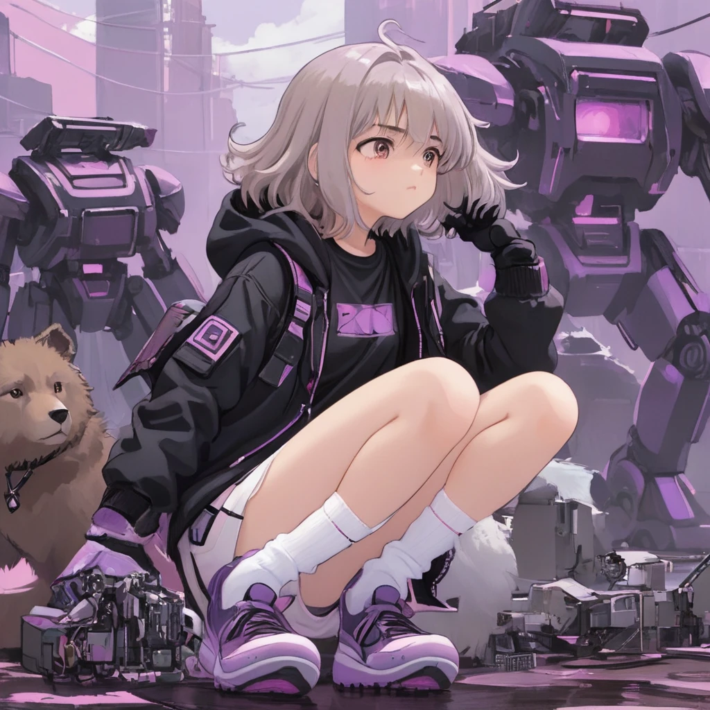 A young teenage girl with medium length grey hair (fluffy), light brown highlights, rosy cheeks, wearing a black t-shirt tucked into a black jacket with white details, white pants, white socks, purple shoes with black gloves, an accessory under her hair, and a short bandage. Looking with a serious attitude, her close eyes at some destroyed robots.