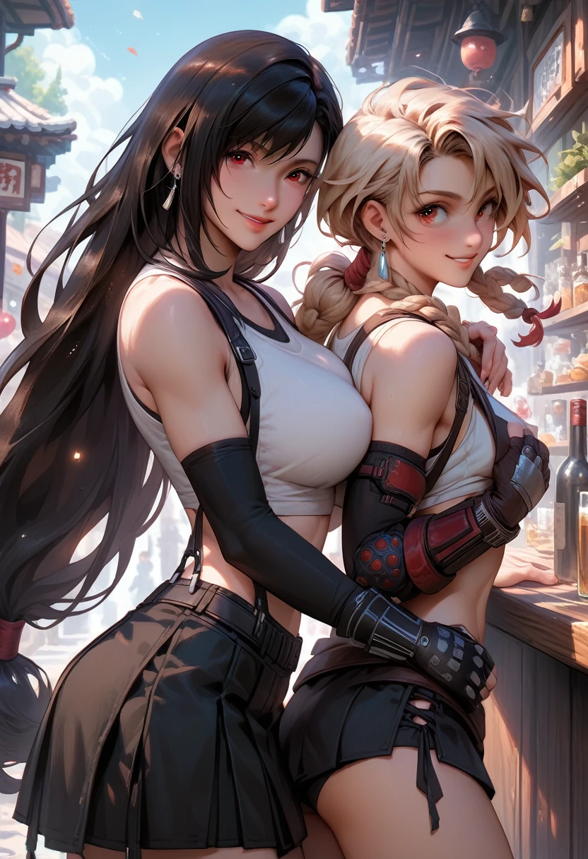 Final Fantasy VII, (blush nose), single elbow, ankle boots, blonde hair, white skirt, black thighs, red boots, elbow gloves, elbows, fingerless gloves, tense shirt, no bra, no panties (suspended black skirt), thighs, white tank top, top body is hyper-realistic muscle thicc and hyper largest_breasts!! with boobs_melons type, black hair, full body, look at the viewer, posing standing at the bar, sensual mouth, makeup, bokeh, best quality, masterpiece, highres, UHD, 1080P --auto