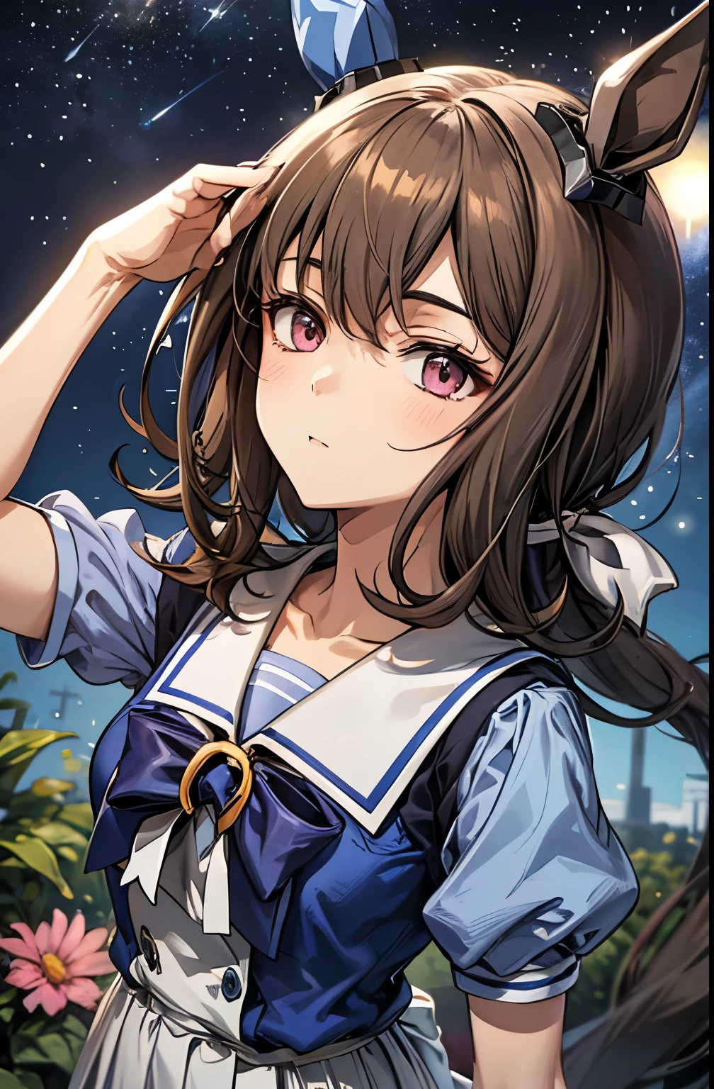 admire vega \(umamusume\), 1 girl, Solo, Best Quality, masterpiece, 8K, High resolution, Ultra-detailed, madeon, looking up, stargazing, stary sky, summer uniform,