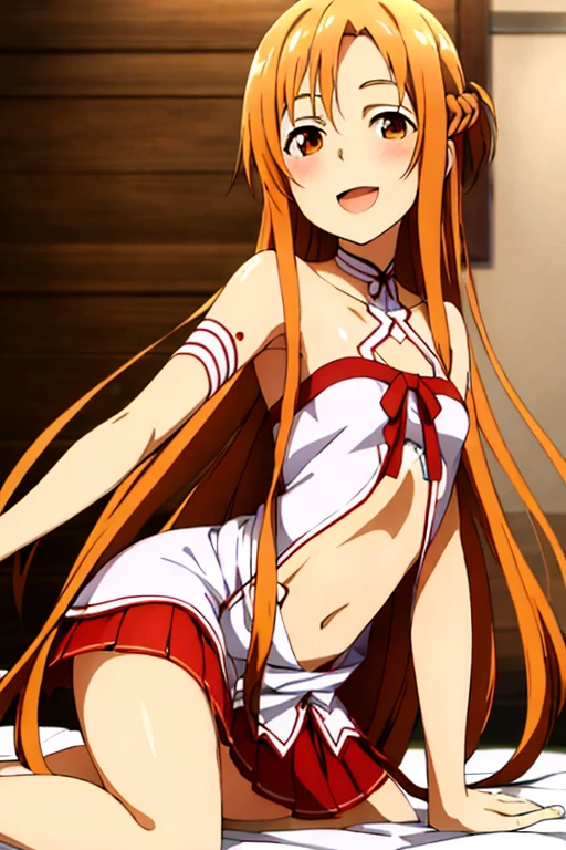 ((Highest quality)), ((masterpiece)), (be familiar with), Perfect Face, indoor, Bedroom, Watching the audience,
One woman, Yuuki Asuna,
Open Mouth, Ecstatic expression, blush, smile,
Small breasts, Flat Chest, , , child, Girl,
Long Hair, Long Hair,
Leg spread,