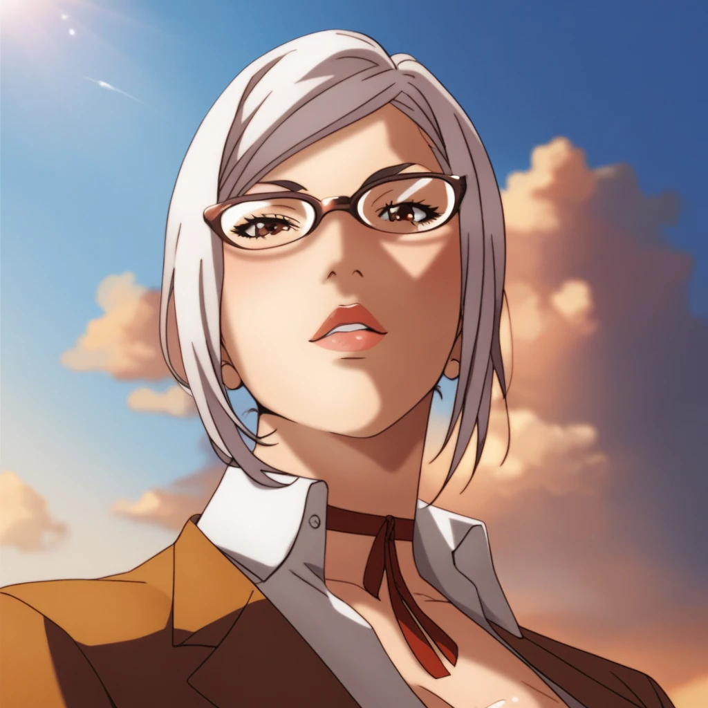 check_9_up, check_8_up, check_7_up, Meiko SYRAKY,  One, Glasses, sky, cloud, day, White hair, [short hair, necklace, Brown eyes, lips, a parody, parted lips, blue sky, ribbon necklace, Best quality, high quality