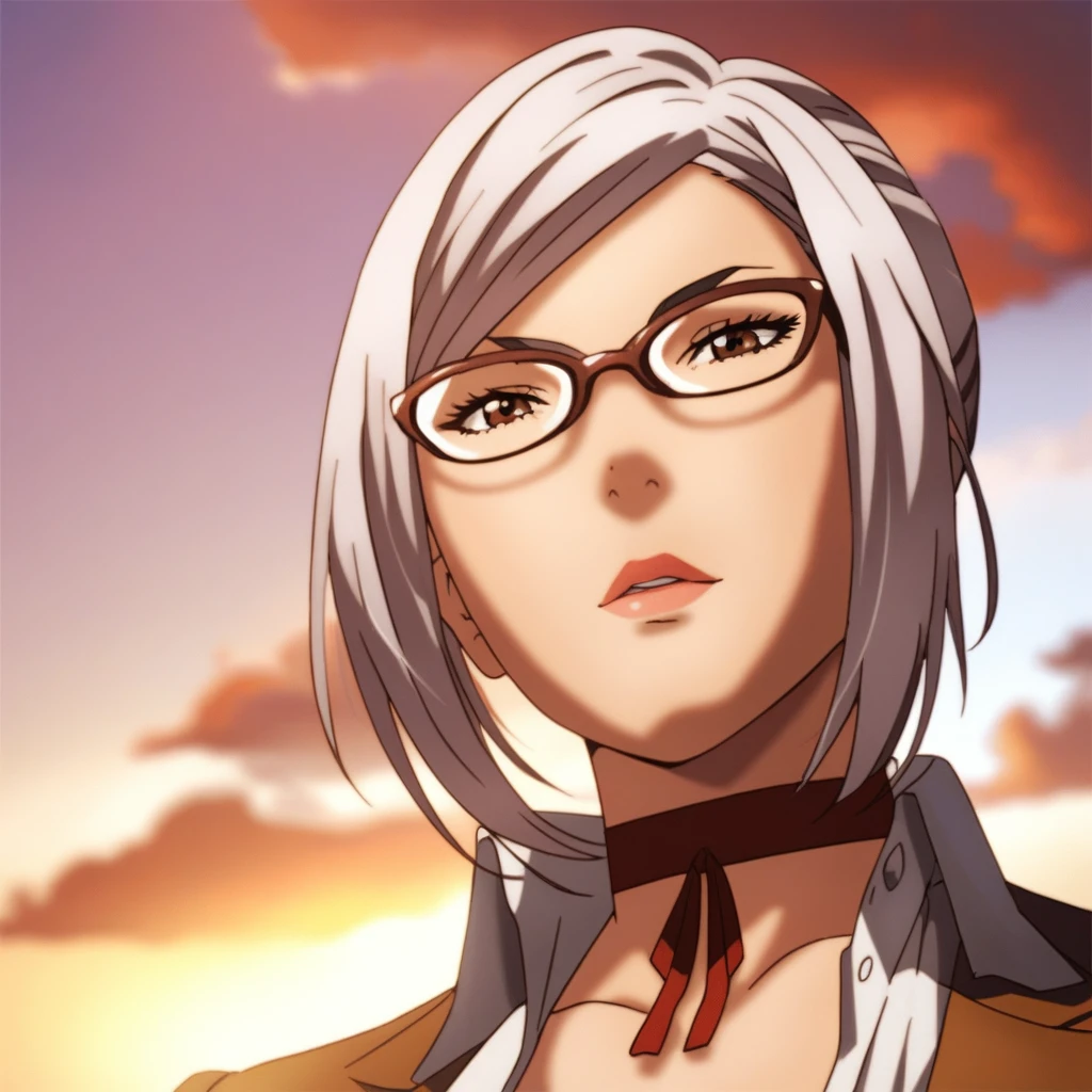 check_9_up, check_8_up, check_7_up, Meiko SYRAKY,  One, Glasses, sky, cloud, day, White hair, [short hair, necklace, Brown eyes, lips, a parody, parted lips, blue sky, ribbon necklace, Best quality, high quality