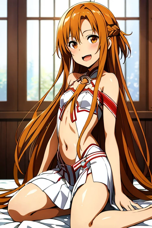 ((Highest quality)), ((masterpiece)), (be familiar with), Perfect Face, indoor, Bedroom, Watching the audience,
One woman, Yuuki Asuna,
Open Mouth, Ecstatic expression, blush, smile,
Small breasts, Flat Chest, , , child, Girl,
Long Hair, Long Hair,
Leg spread,