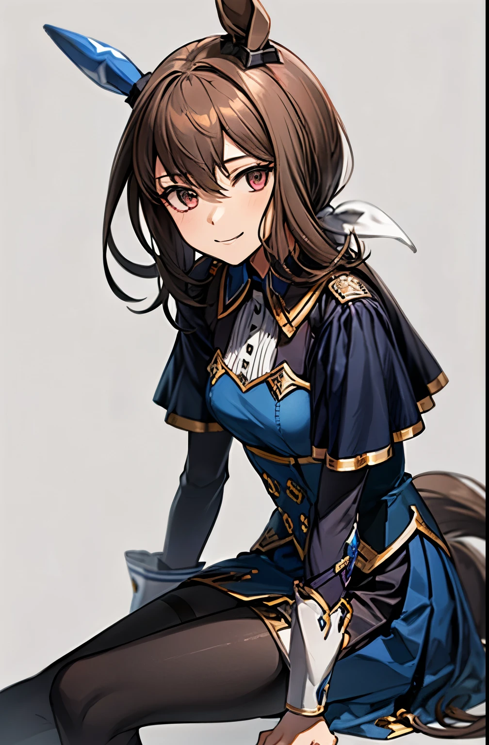 admire vega \(umamusume\), 1 girl, Solo, Best Quality, masterpiece, 8K, High resolution, Ultra-detailed, madeon, light smile, gentle smile, sitting on the floor, black pantyhose, simple background,