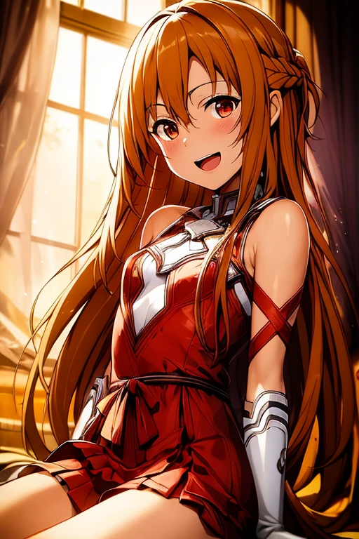 ((Highest quality)), ((masterpiece)), (be familiar with), Perfect Face, indoor, Bedroom, Watching the audience,
One woman, Yuuki Asuna,
Open Mouth, Ecstatic expression, blush, smile,
Small breasts, Flat Chest, , , , Girl,
Long Hair, Long Hair,
Leg spread,