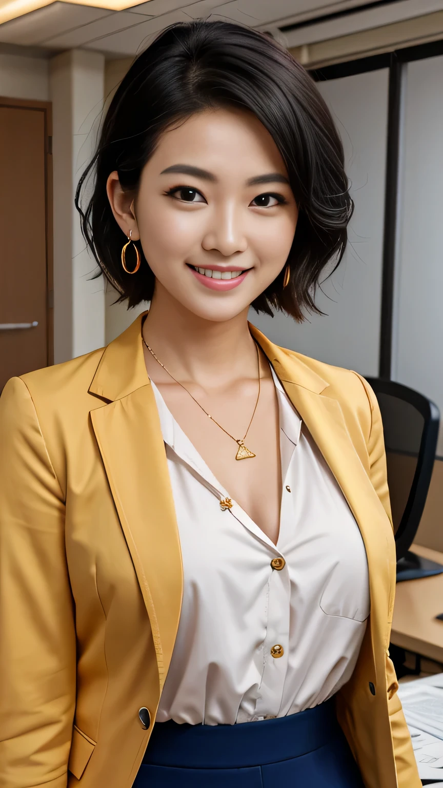 RAW Photos, High resolution, Very detailed, Intricate details, 、ear piercing、、short hair、Black Hair、Office Lady Suits 、Jacket、shirt、smile、Necklace around the neck、, The background is the office
