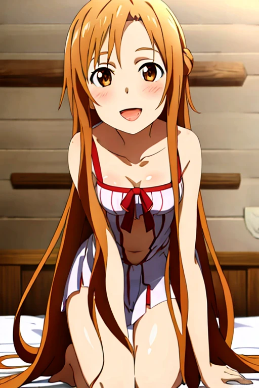 ((Highest quality)), ((masterpiece)), (be familiar with), Perfect Face, indoor, Bedroom, Watching the audience,
One woman, Yuuki Asuna,
Open Mouth, Ecstatic expression, blush, smile,
Small breasts, Flat Chest, , , child, Girl,
Long Hair, Long Hair,
Leg spread,