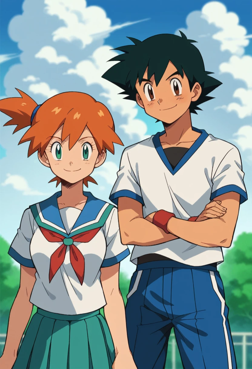  1boy, ash ketchum, black hair, brown eyes, ash ketchum, white t-shirt, School uniform, handsome boy, macho, good looking boy 1girl, misty pokemon, green eyes, orange hair, long hair, hair down, hair messed up by the wind, white t-shirt, school uniform, pretty, beautiful girl photograph of a 1 couple, outdoors, on the school terrace, blue sky, confident smile, deep and vibrant colors, simple and neutral background, pretty 